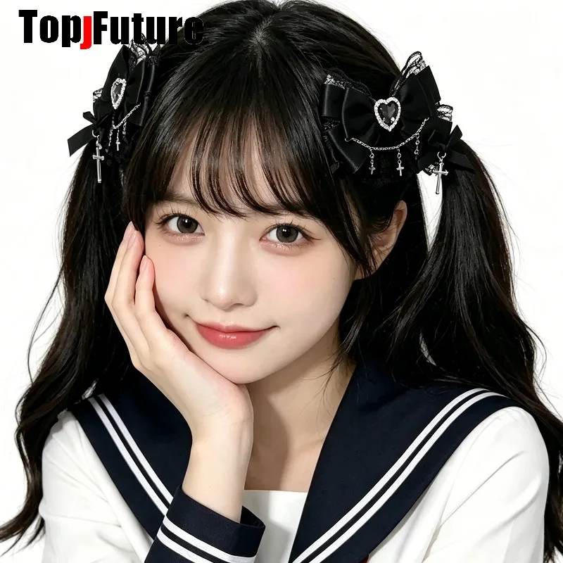 

Woman Y2K Girl handmade Japanese Style Rhinestone Skirt Lace Hair Clips Double Ponytail Subculture Sweet Gothic Bow Hairpin