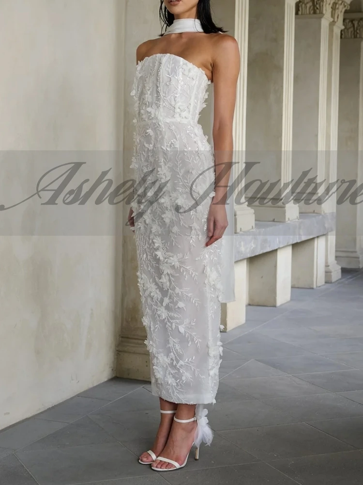 A3327 高級女性フォーマルイブニングドレスストラップレスフラワービーズシース足首丈結婚式のゲストパーティープロム行事カスタマイズ