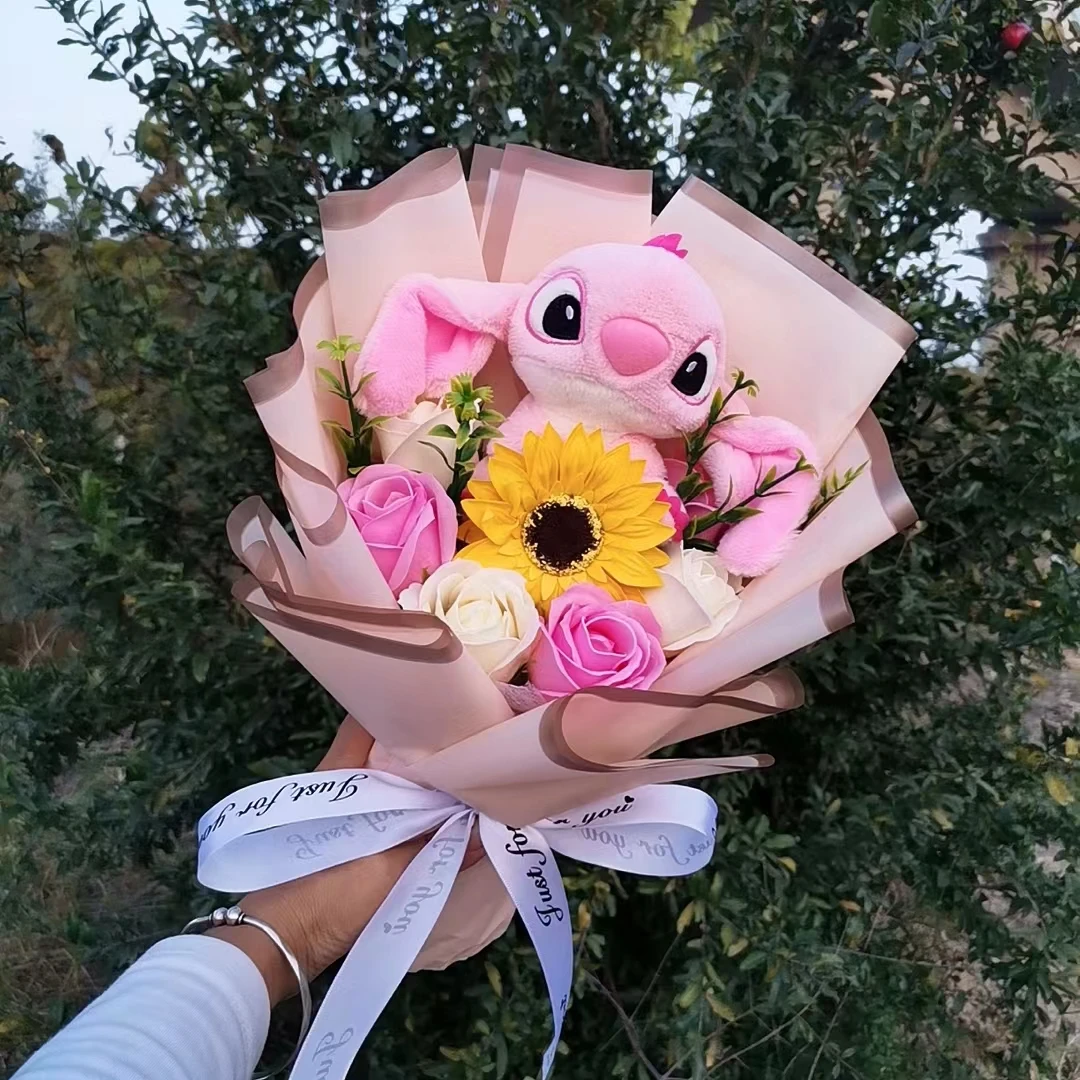 Hot Lilo Stitch Plush Doll Toys With Soap Rose Flower Bouquet Anime Stuffed Animals Home Decoration Valentine Christmas Gift