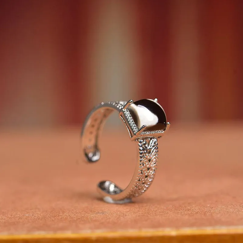Natural Agate Tiger's Tooth Tianzu Ring for Men and Women Adjustable Open Band Square-Cut Setting Medicine Buddha Eye