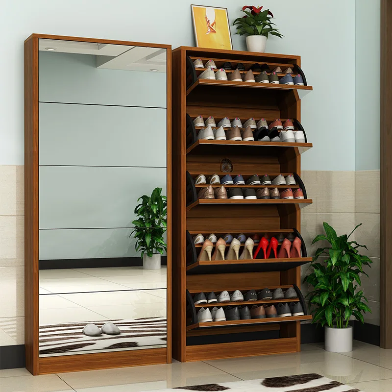 Modern Wooden Shoe Cabinet with Mirror Slim Entryway Shoe Rack Storage Organizer for Narrow Hallway Corridor Home Furniture
