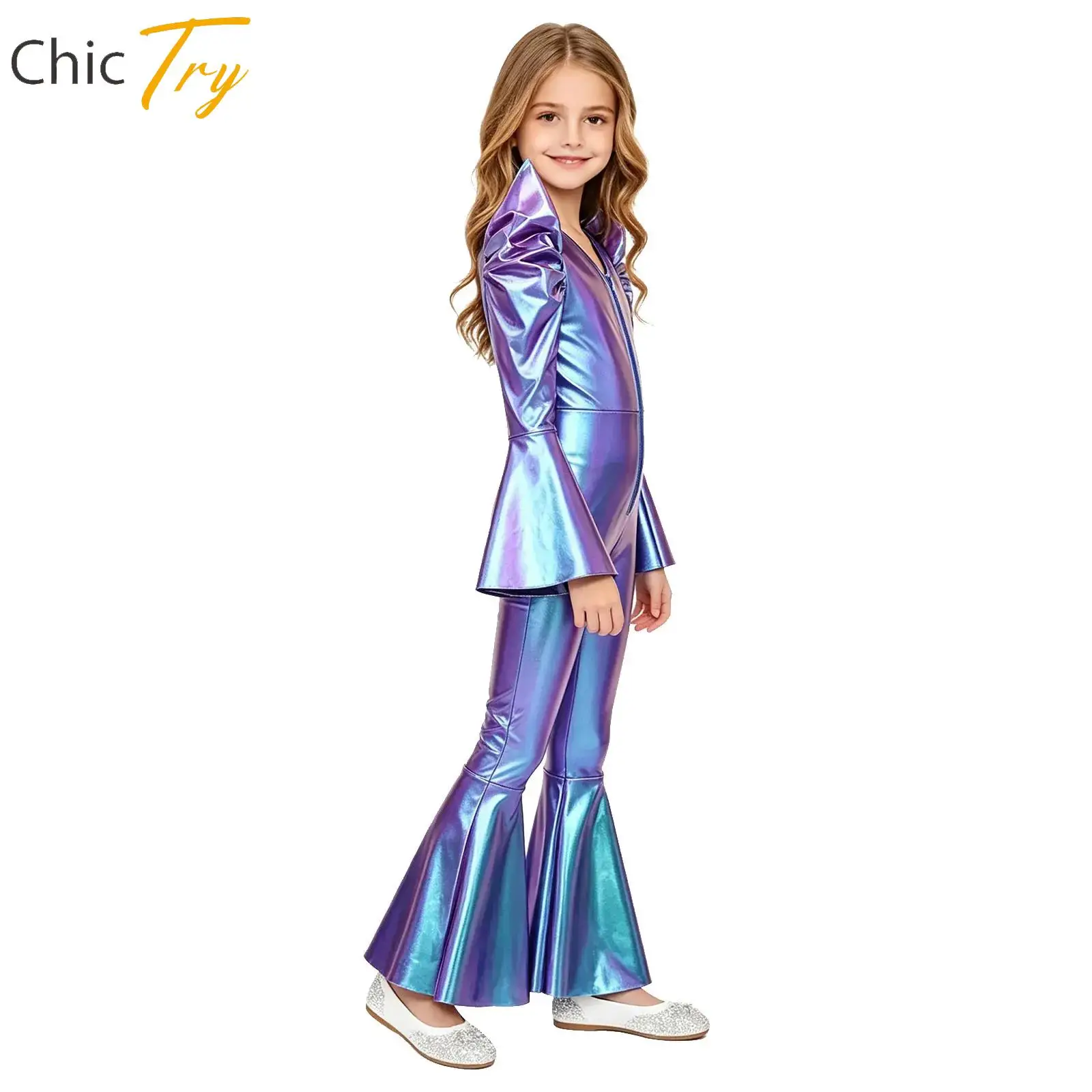 

Kid Girls 70S Disco Vintage Jumpsuit Metallic Shiny Halloween Carnival Rave Costume Hippie Bell Bottom Jazz Latin Dance Bodysuit