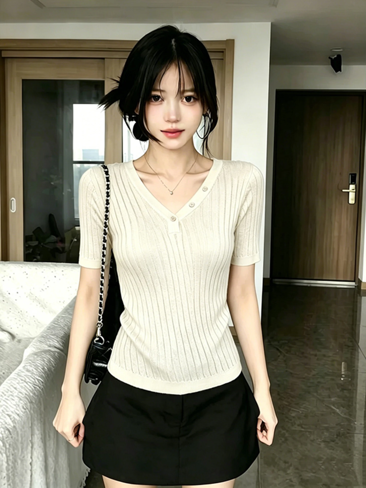 

Minimalist High-Know V-Neck Short Sleeve Ice Silk Knitted Sweater Women Summer Korean Style Slimming Slim Fit Small Top