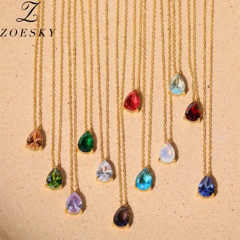 Zoesky Luxury Pear Shaped Water Droplet Zircon December Birthstone Pendant Necklace For Women Gold Plated Chain Choker Jewelry