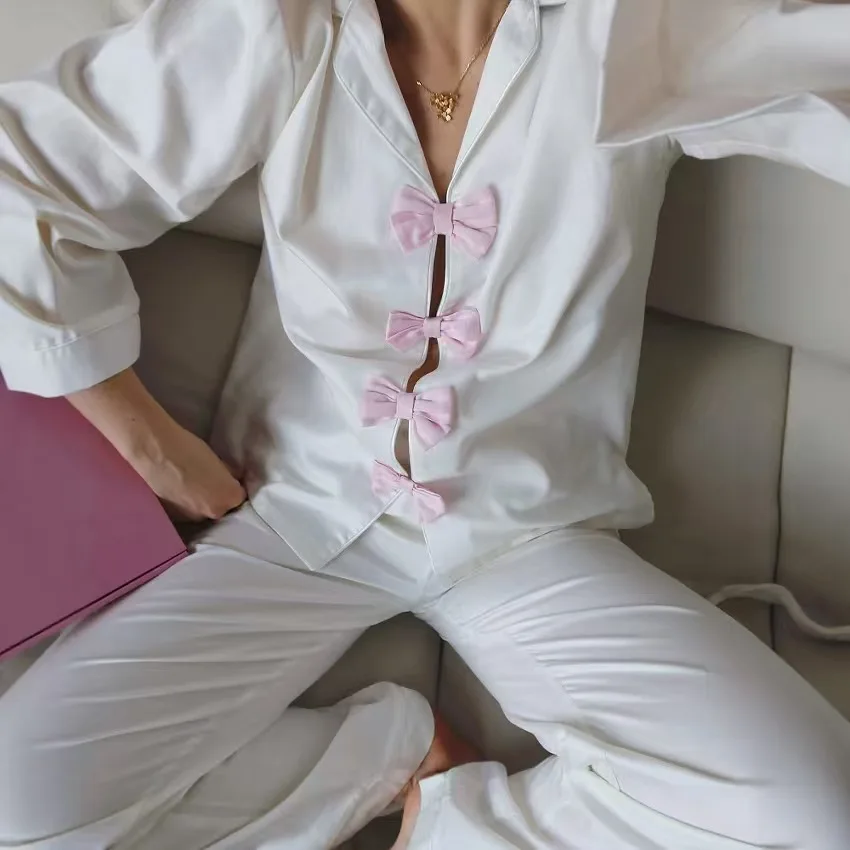  Knot Turn-down Collar  Color Long Pants Set Home Clothes Top And Pants Set Casual Loose Fit Long Sve