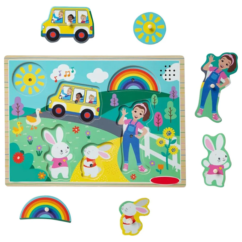 Wooden Song Peg Puzzle 6pc Wooden Ms Rachel Cartoon Scene Puzzles with Songs Musical Puzzle Toy Peg Puzzles Board for Kids 2-6Y