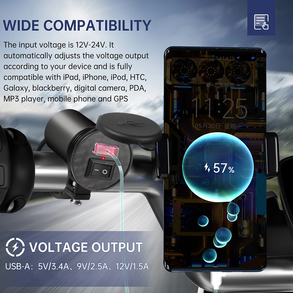 DIY USB Car Charger Motorcycle USB Charger DC 12V with Switch Cigarette Lighter Socket Plug Waterproof Motorbike Phone Charger