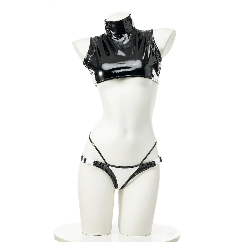 

Patent Leather Bralette Set - Sexy Two-Piece Lingerie with Open Cup Design Cosplay Costume for Role Play