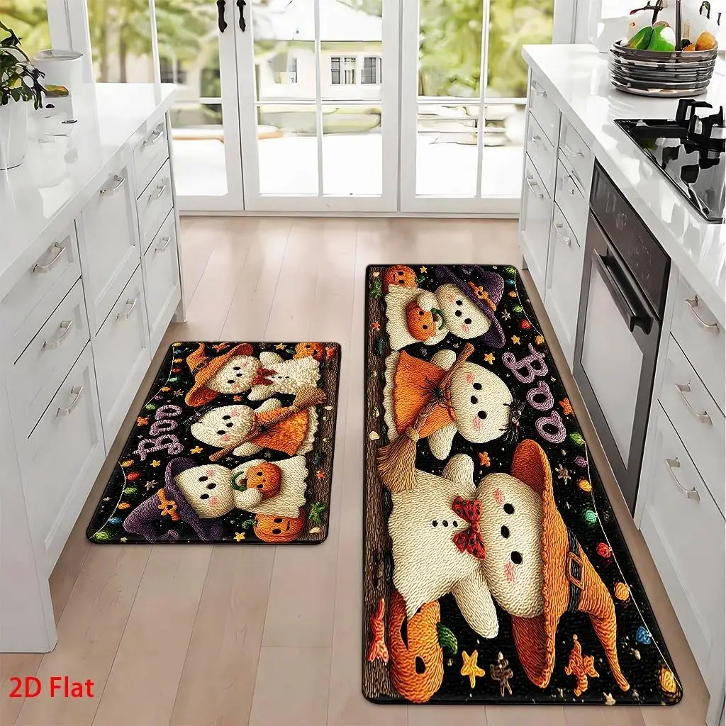 1pc, 2pcs, 3pcs, 2D Flat Kitchen Floor Mat Set, Halloween Themed Floor Mat, Cute Ghosts with Pumpkins Design, Festive Spooky Decorative Rug, Easy-To-Clean Indoor Use, Suitable for Kitchen, Bathroom, Laundry Room, Dining Table