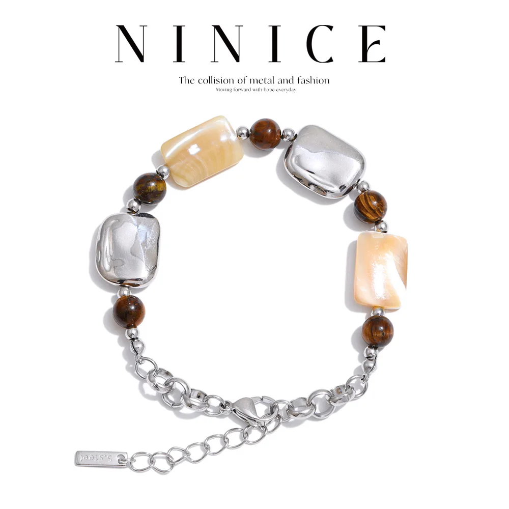 NiNice Edelstahl Rechteckiger Naturstein Muschel-Kettenarmband 2026 Neuer Charm-Armschmuck Accessoires