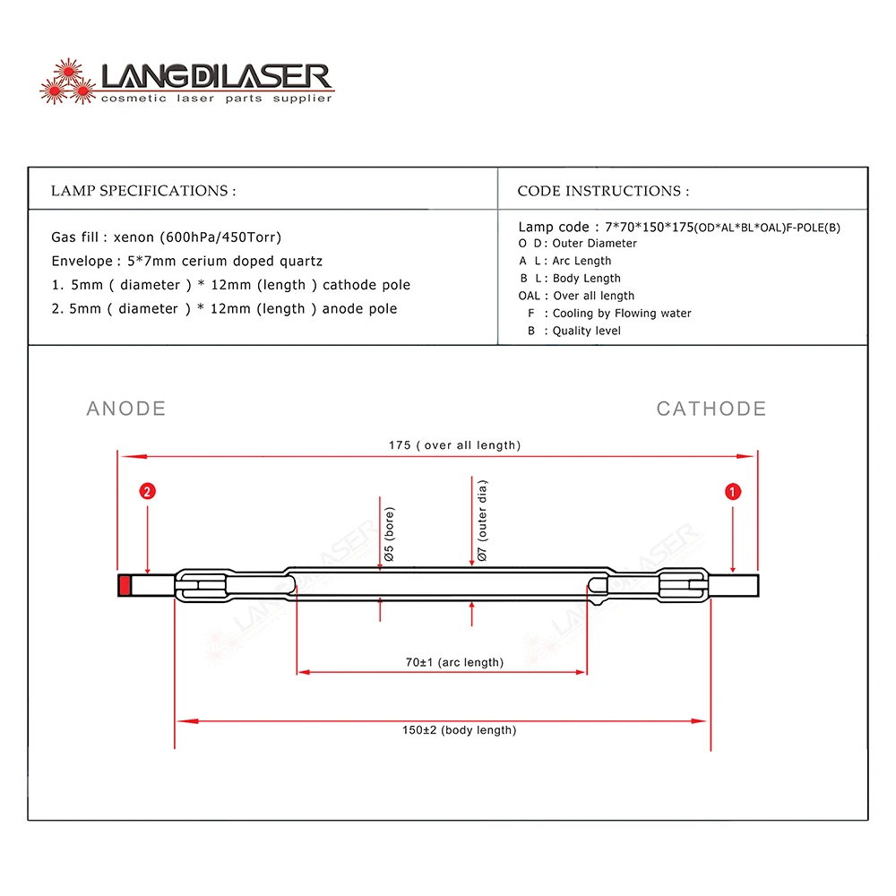 Q-Switched ND YAG Laser Lamp / Size 7*70*150*175F-Pole / Xenon Arc Flash Lamp For 1064nm and 532nm YAG laser system