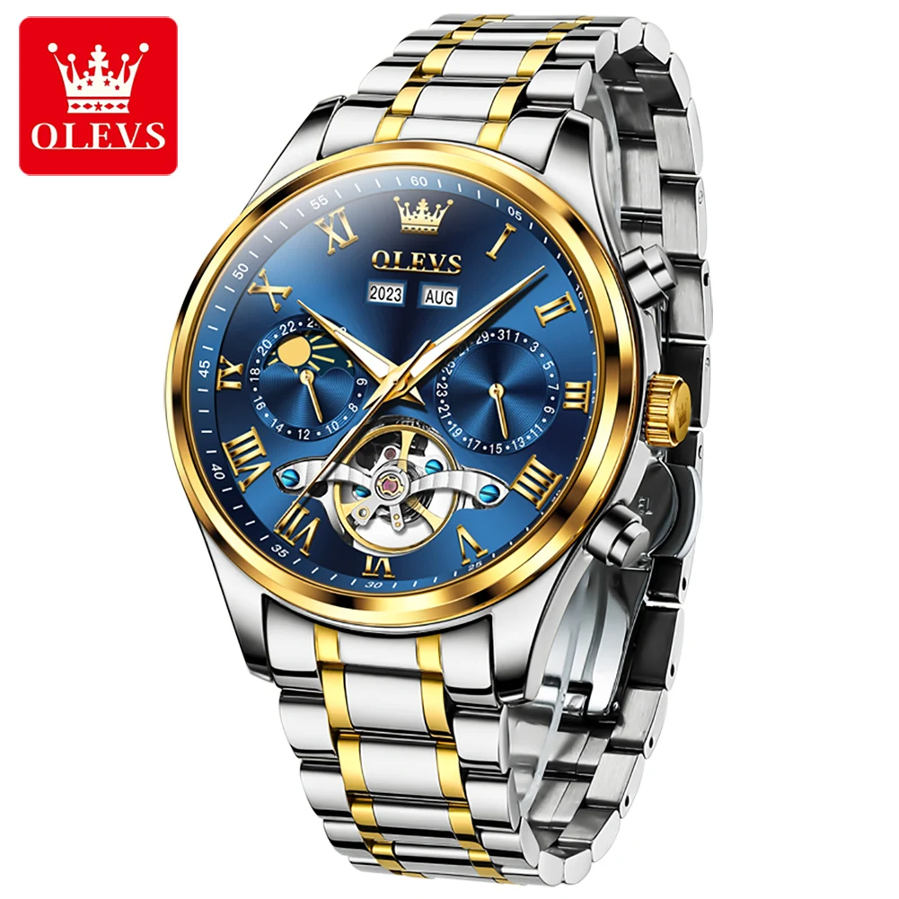 OLEVS 7005 Original Mechanical Watch Skeleton Hollow Out Flywheel Automatic Watches for Men Moon Phase Dual Calendar Wristwatch