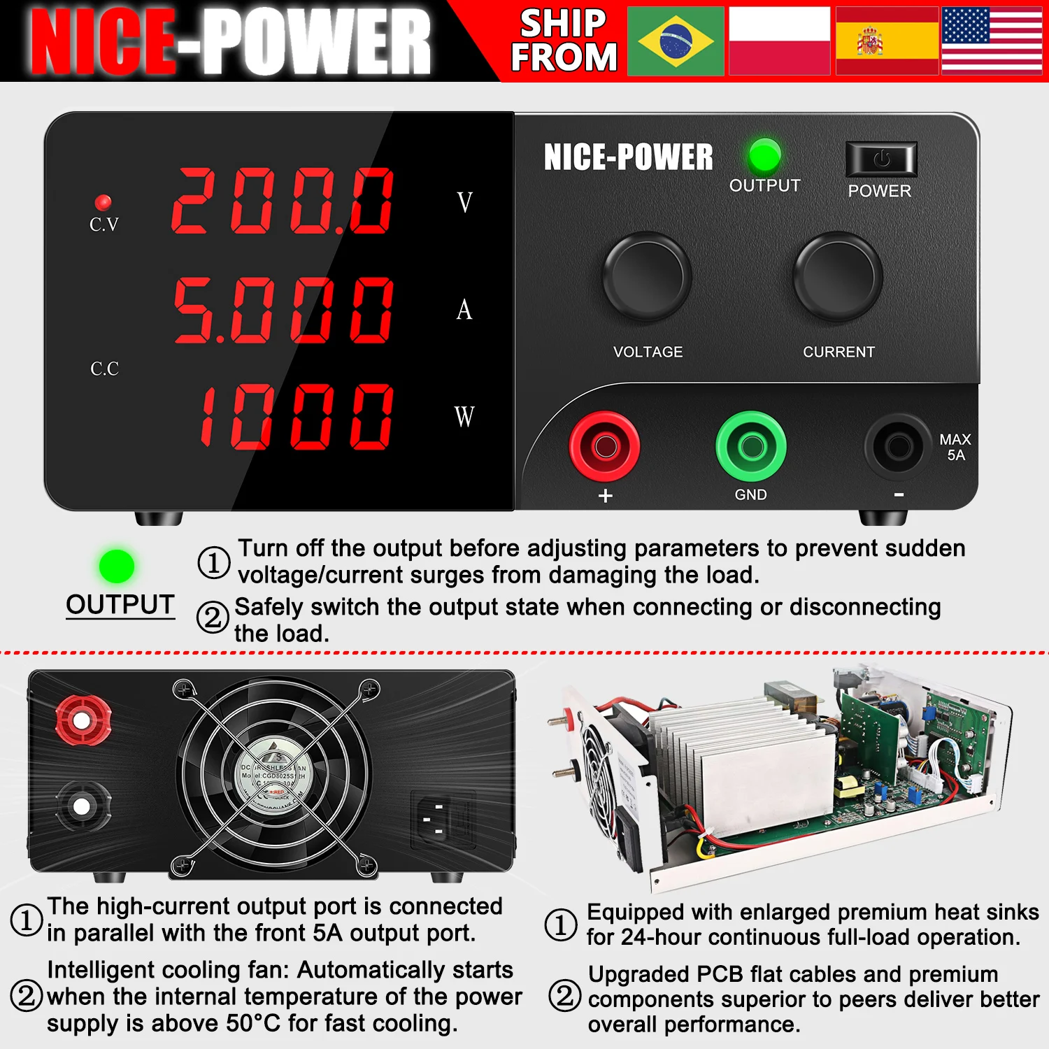 NICE-POWER 1200W Adjustable DC Power Supply 200V 5A 100V 10A 30V 20A 30A Bench Power Supply with OUTPUT Switch,Preset Current