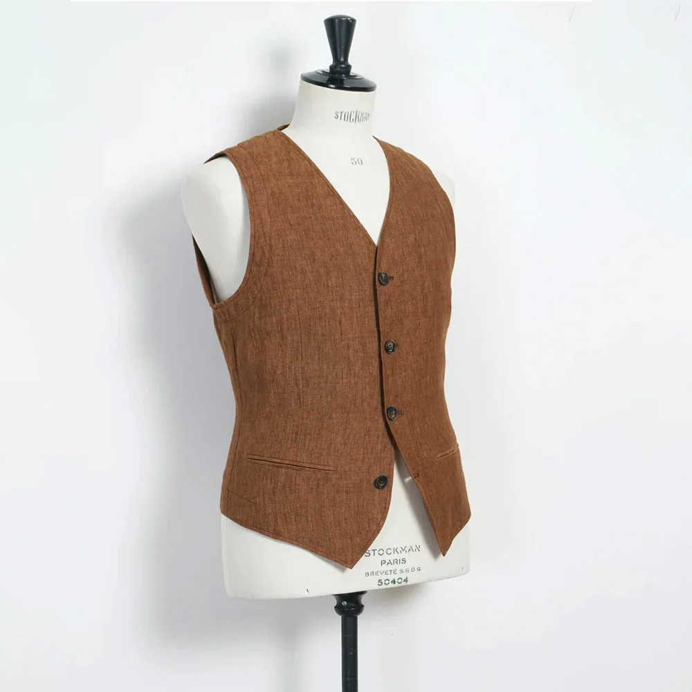 

Мужской жилет без рукавов для костюма, V-образный вырез, из льняной ткани, легкий, однобортный, однотонный, в повседневном стиле, элегантный, классический
