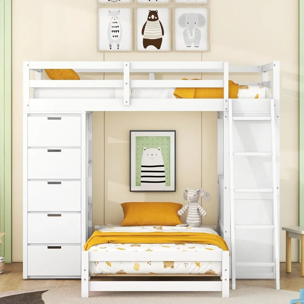 

Twin Over Twin Bunk Beds with Built-in Desk & Shelves,Soild Wood Bed Frame with 5 Storage Drawers, LED Light and USB Ports