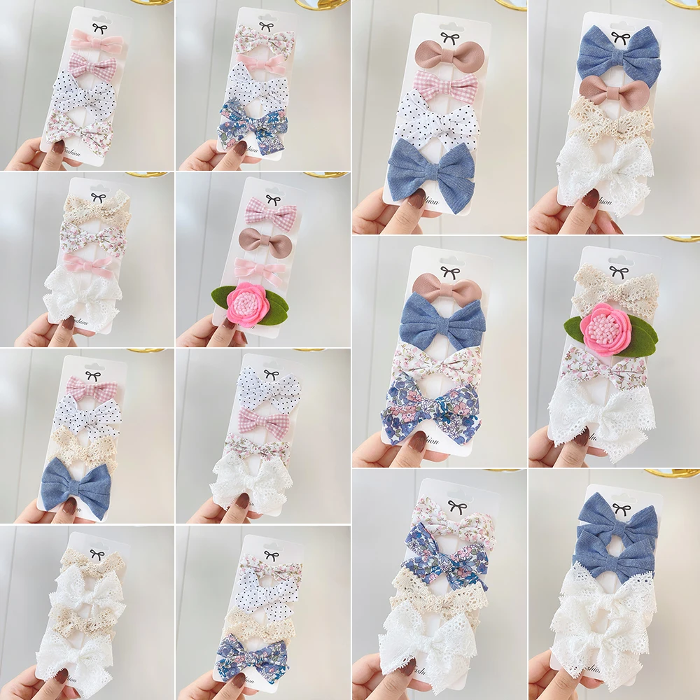 4Pcs/Set Cotton Printed Bows Hair Clip For Kids Girls Bowknot Barrettes Ribbon Covered Safty Hairpins Headwear Hair Accessories