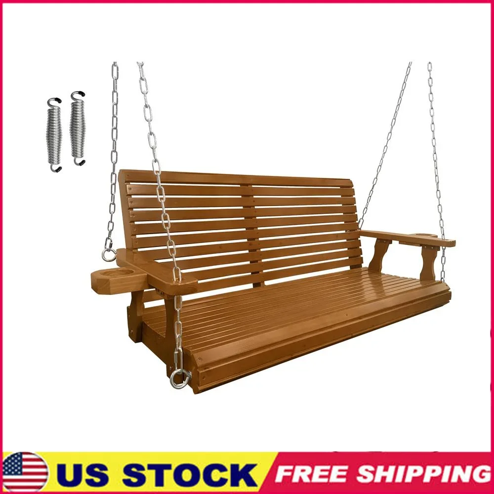 

Wooden Porch Swing 2-Seater Heavy Duty 880 LBS Cupholders Outdoor Patio Garden Comfort Adjustable Springs Chains Assembly