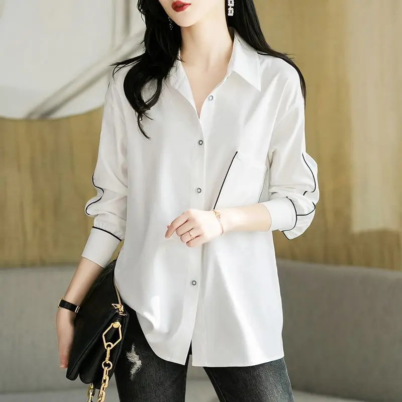 Spring Autumn Women's 2024 Splicing Polo Collar Button Pocket Fashion Solid Color Minimalist Casual Long Sleeve Blouses Shirts
