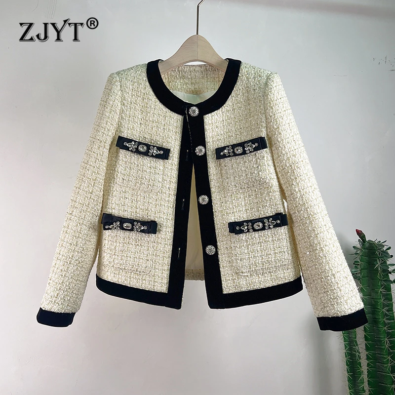 

ZJYT Autumn Winter Beading Tweed Jackets for Women 2024 Fashion Long Sleeve Color Block Elegant Coats Outerwears Female New