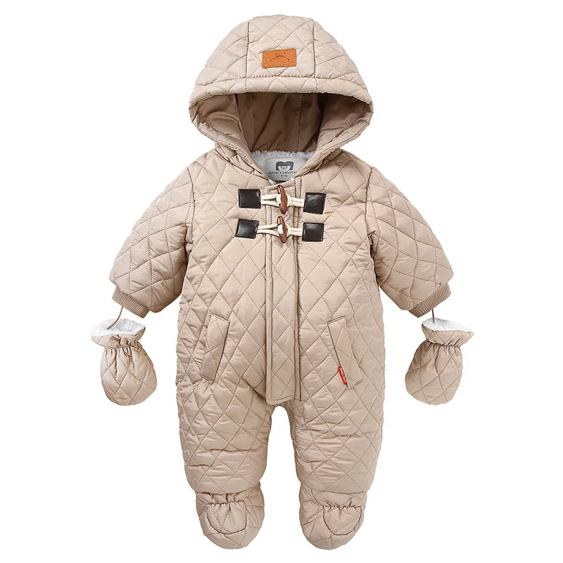 Winter Kids Overalls Velvet Newborn Baby Boys Thick Cotton Jumpsuit For Baby Baby Girl Hooded Down Jacket Outdoor Snowsuit