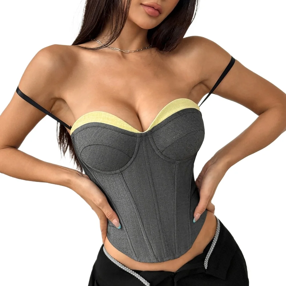 Sexy Mujer Puta Lenceria Corset Patchwork Color Blocked Sexy Herringbone Patterned Cotton Crop  for Women Vintage Corset Top