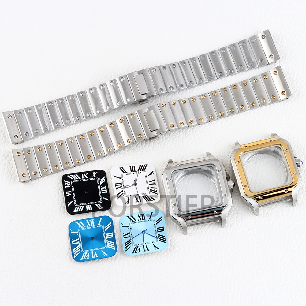 

Gold/Silver NH35 Square Watch Case 38mm for Santos Mod 27mm Dial NH35 NH36 NH38 movement Stainless steel Bracelet Waterproof