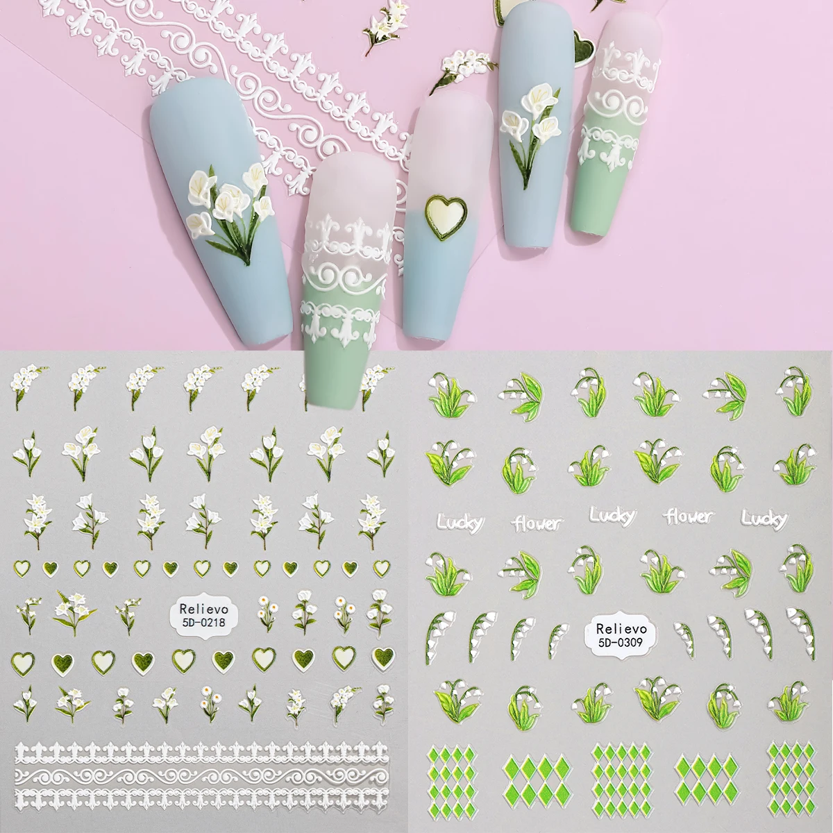 

2pcs 5D White Flowers Nail Stickers Relief Green Plants Floral Lattice Nail Self-Adhesive Decals Slider Nail Art Decoration DIY