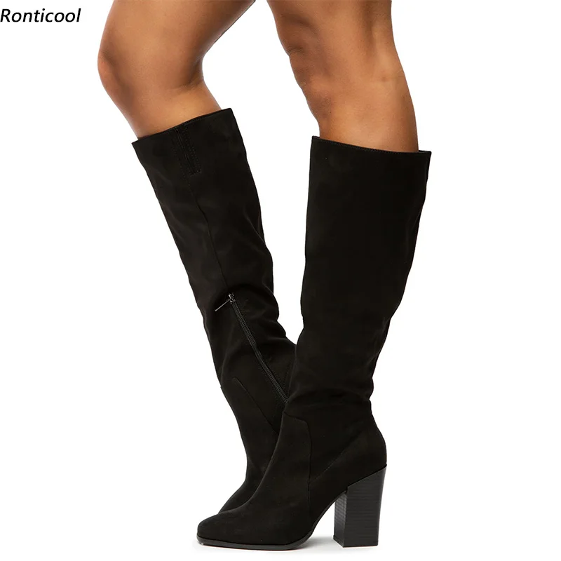 

Ronticool Handmade Women Winter Knee High Boots Side Zipper Block Heels Round Toe Elegant Black Shoes Women Plus US Size 5-15