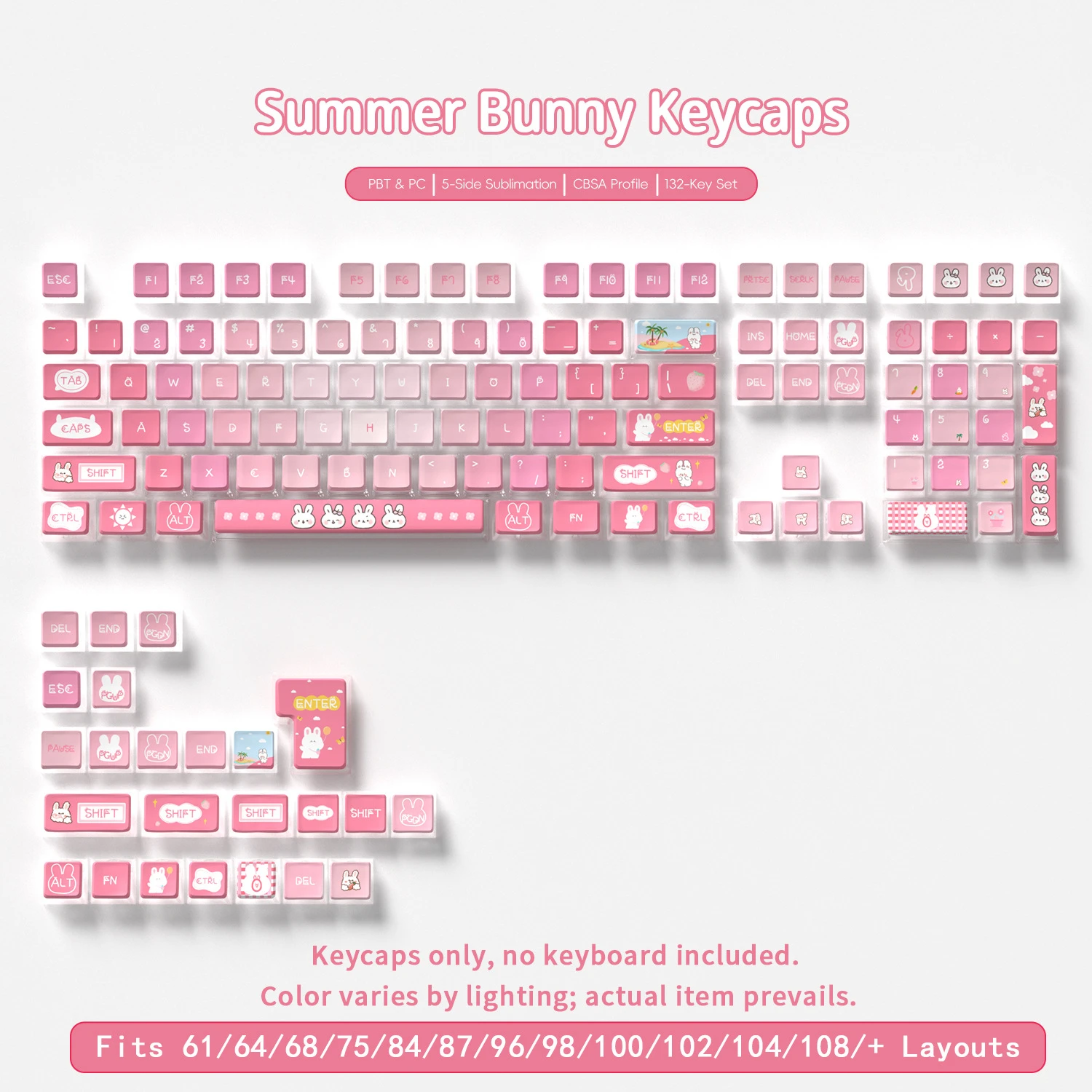 Summer Bunny 4-Sided Backlight Keycaps 132 Keys PBT+PC Material CBSA Profile For MX Switch Mechanical Keyboard ISO ANSI Layout
