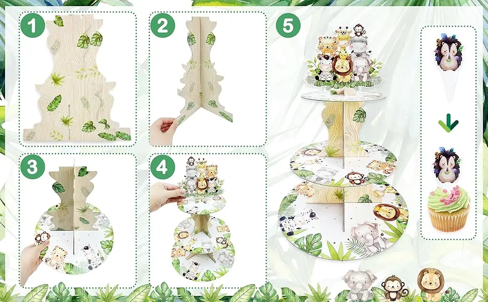 3-stöckiger Cupcake-Ständer im Dschungel-Safari-Design, Dessert-Halter für Waldjagd-Babyparty oder Geburtstagsfeier, Grau & Grün – Detail 3