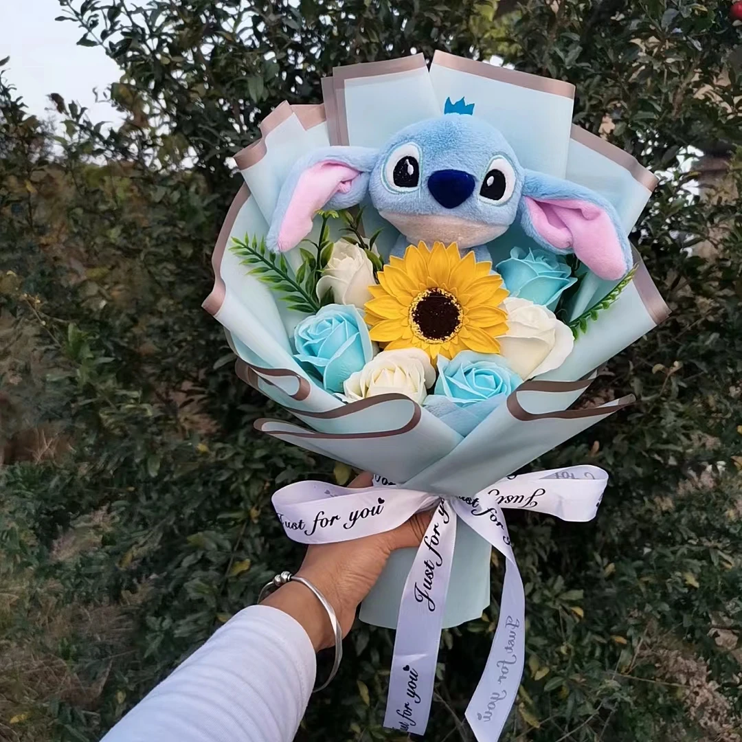 Hot Lilo Stitch Plush Doll Toys With Soap Rose Flower Bouquet Anime Stuffed Animals Home Decoration Valentine Christmas Gift