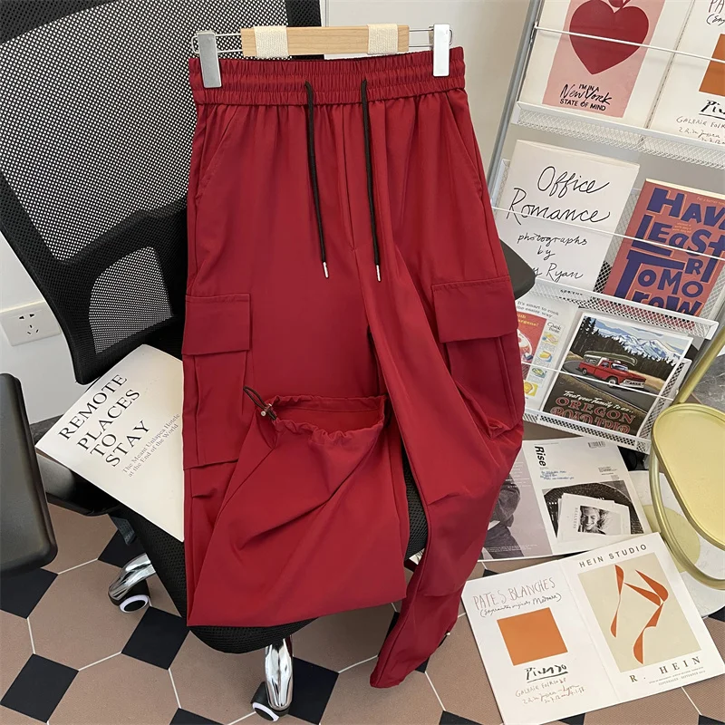 

Мужские летние тонкие быстросохнущие повседневные брюки American Sle красного цвета, свободные, модные, широкие, из ледяного шелка, струящиеся, спортивные, длинные