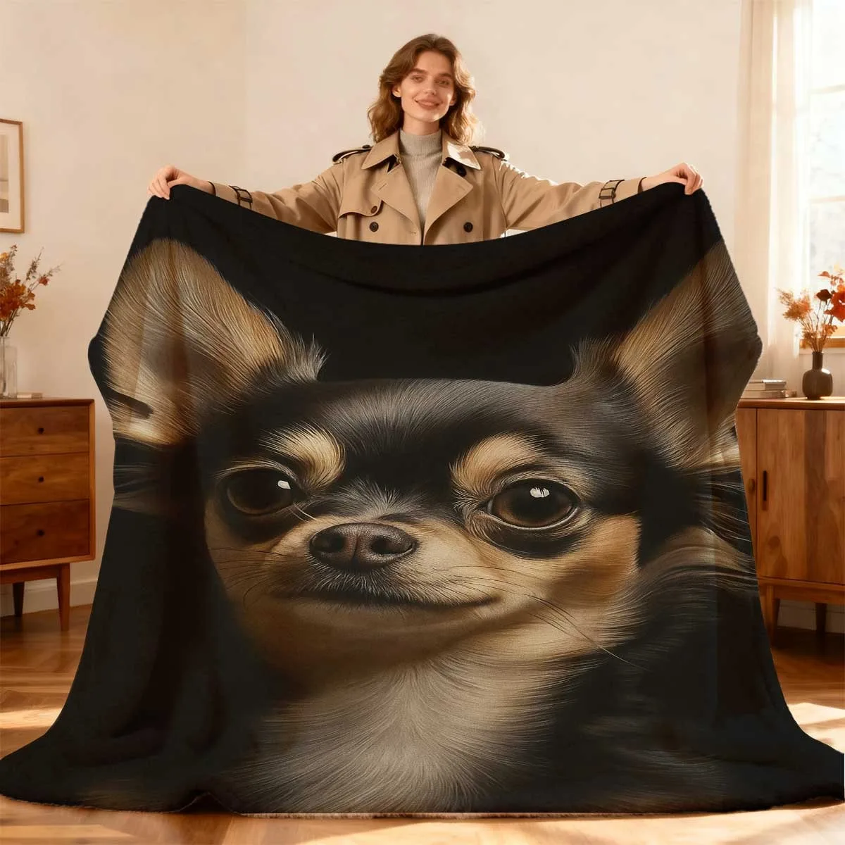 Newest Cartoon Fawn French Bulldog Beige Background Flannel Throw Blanket, Lovely Pet Dog Blanket for Sofa Bedroom Home Decor