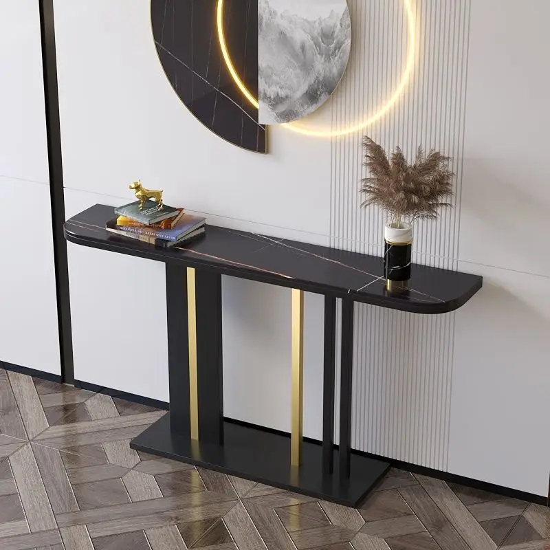 Semicircular rock slab entrance table light luxury minimalist modern simple strip case against the wall into the living room end