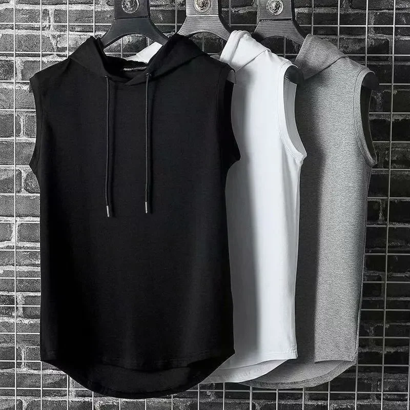 Trendy Summer Sport Basketball Running Slim Fit Men's Hooded Vest Sleeveless T-shirt Casual Scene Drawstring Crewneck Top