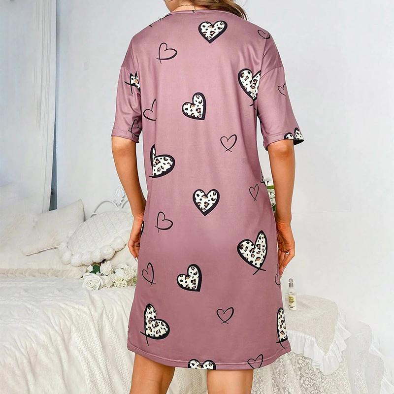 Womens Nightgown Dress Short Sleeve Loose Fit Tee for Relaxing Nightwear Round Neck Print Nightgowns Soft Comfortable Loungewear