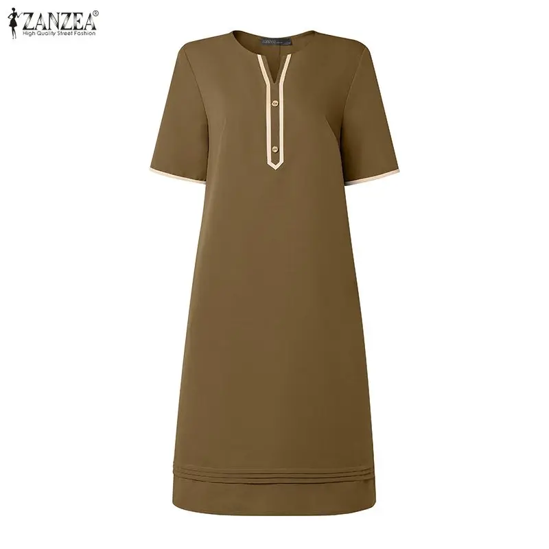ZANZEA Modisches Sommerkleid für Damen, Patchwork-Sundress, elegantes V-Ausschnitt-Kurzarmkleid, Urlaubskleider, lässige, lockere Arbeitskleider, Midi-Kleider