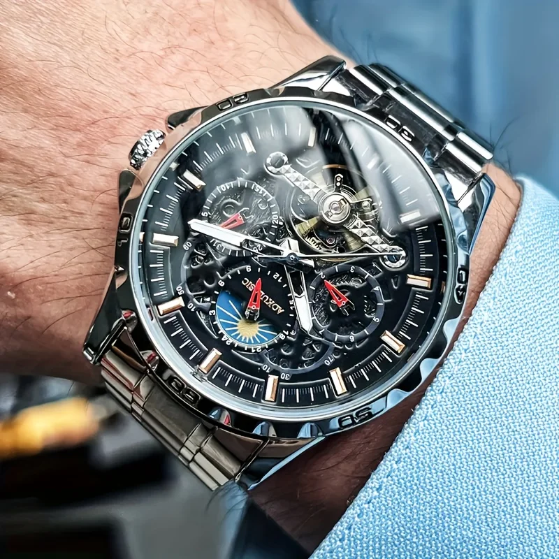 

Роскошные мужские полностью автоматические механические часы с полым циферблатом, водонепроницаемые, с подсветкой, идеальный выбор для подарка.