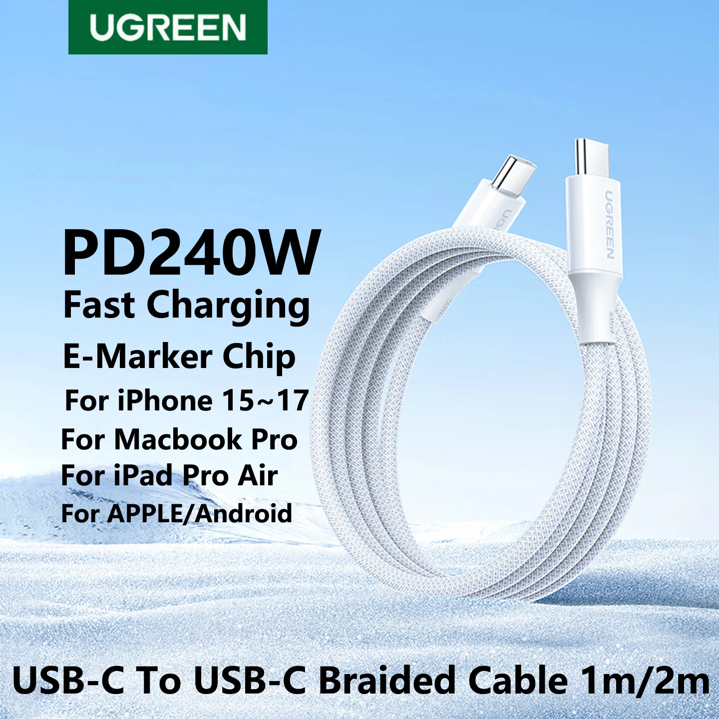 cabo-ugreen-240w-usb-c-para-tipo-c-carregamento-rapido-pd-de-100w-transferencia-de-dados-1m-2m-carregador-para-apple-iphone-ipad-macbook-samsung-android-com-fio-trancado