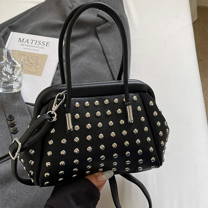 

Women's Rivet Design Clip Shell Bag Fashion Handbags 2025new Punk Hand-held Messenger Bag Texture Silver Hardware Crossbody Bag