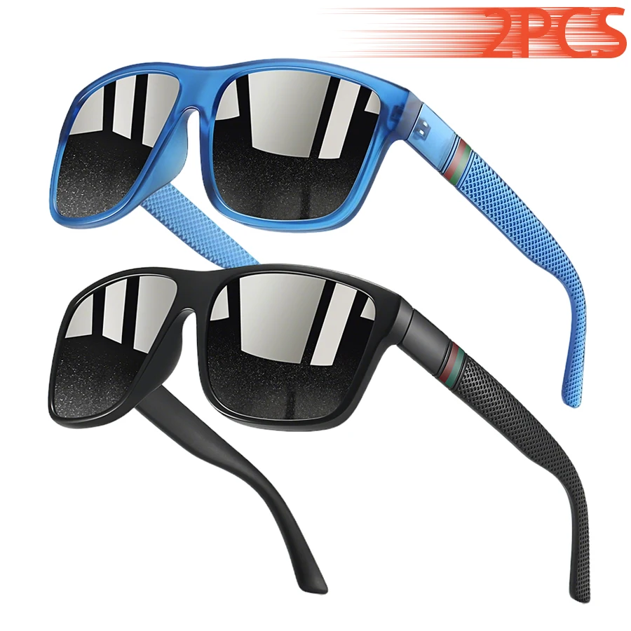 2PCS Outdoor Casual Driving Fishing Oversized Square Sunglasses Vintage Designer Brand Fashion Check Pattern Eyewear Men Women