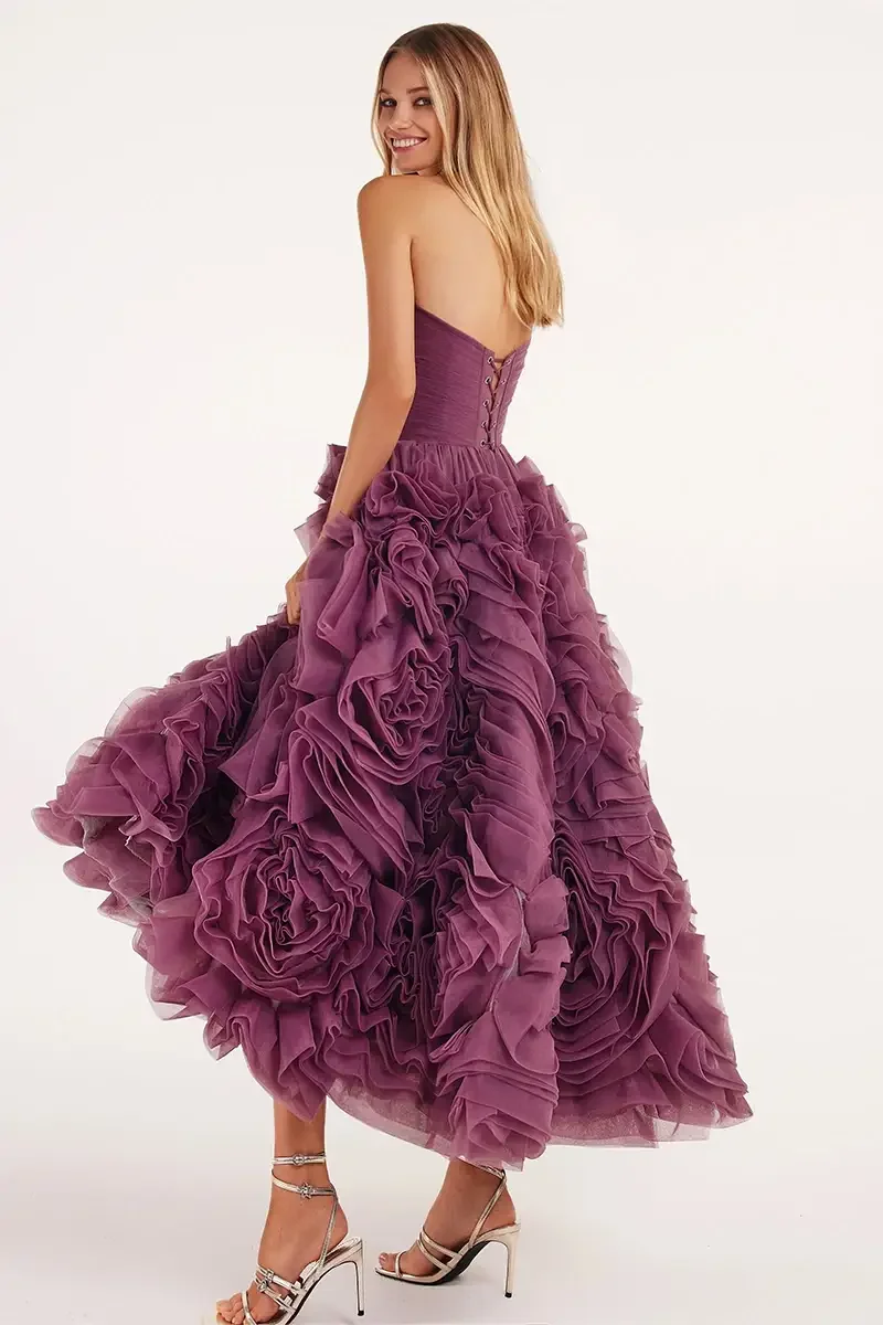 Strapless Tea Length Ball Gown Organza Layers Customized Prom Dresses Purple  Evening Dresses Real Picture