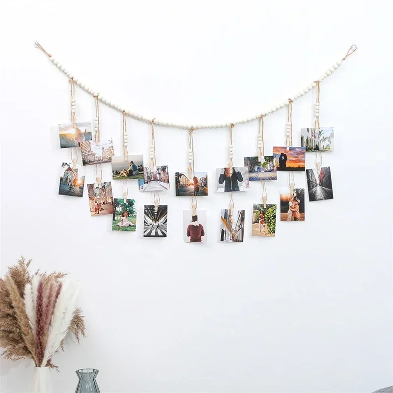 Wall Hanging Photo Display with Wood Beads Garland Boho Collage Picture Frame with18 Wood Clips for Rustic Country Home Decor