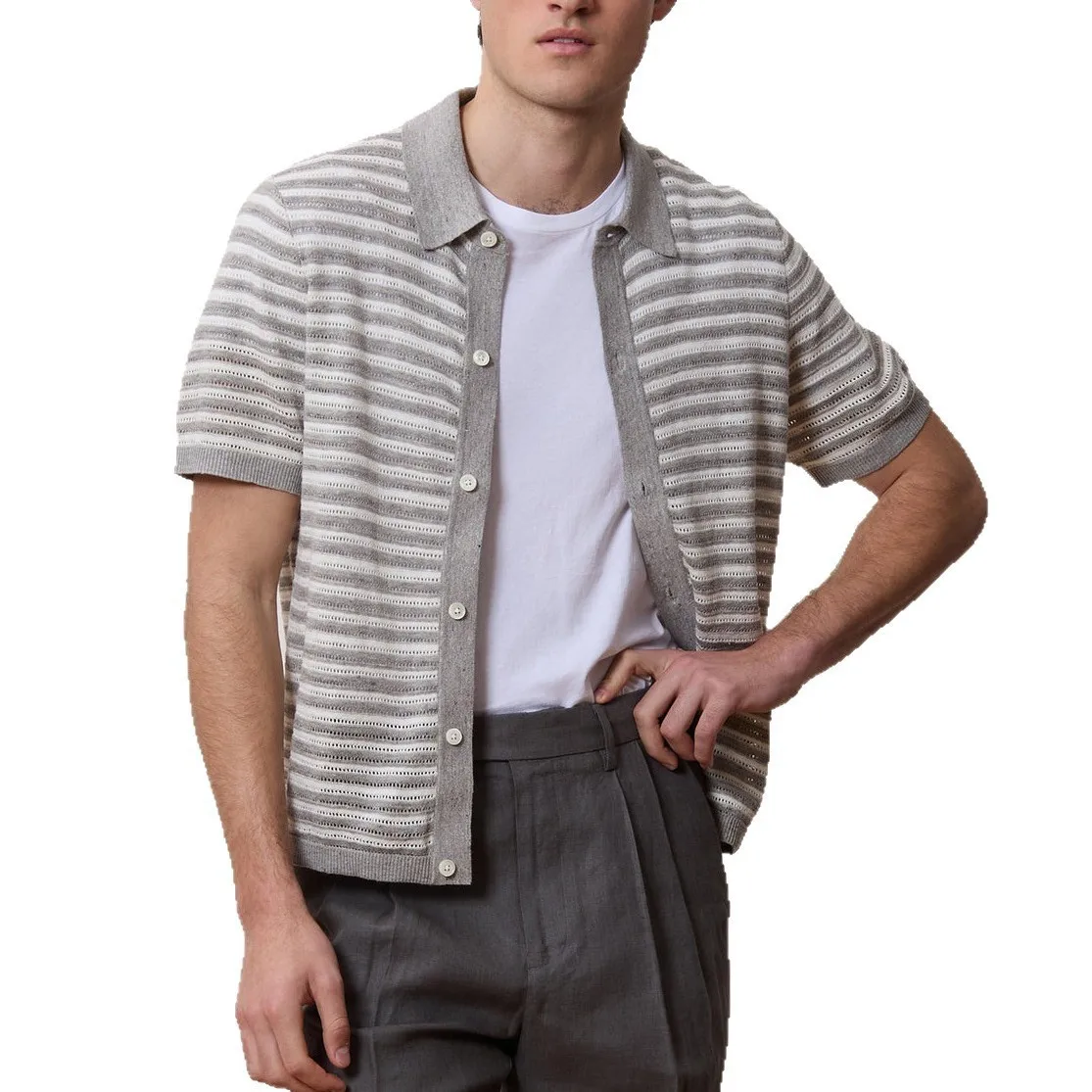 Summer New Fashion European American Men Striped Color-coded Short Sleeve Turn-down Collar Knitted Hollow Out Polo Shirts Tops