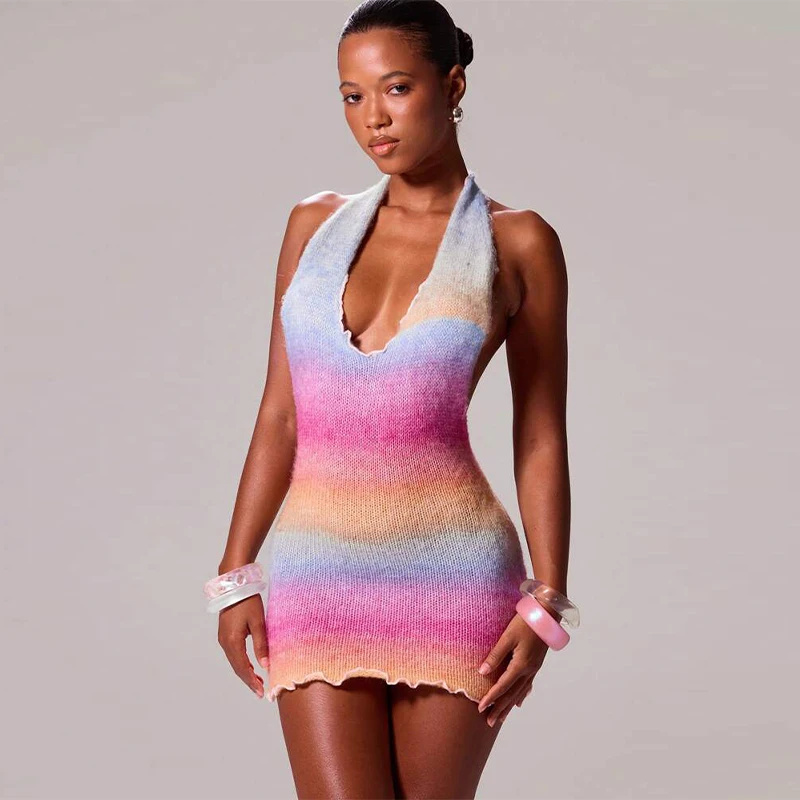 

Summer Knitted Lettuce Hem Mini Dress Deep V Neck Slim Fit Halter Robes Backless Lace Up Mini Vestidos 2025 New Lady Clothing