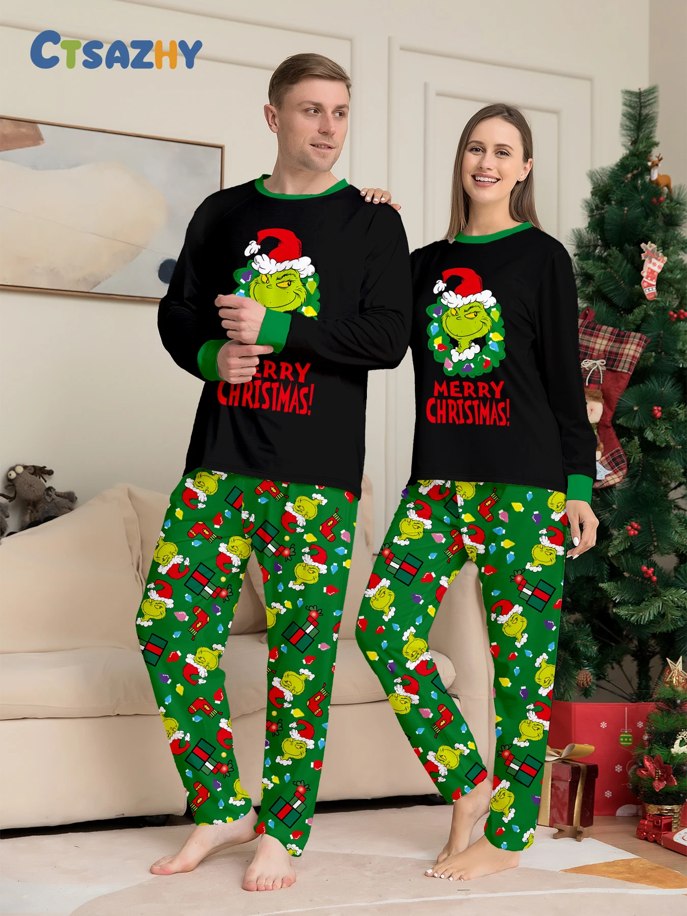 New Year\'s Autumn and winter green Christmas family home suit Cartoon characters a family of three four printed pajamas