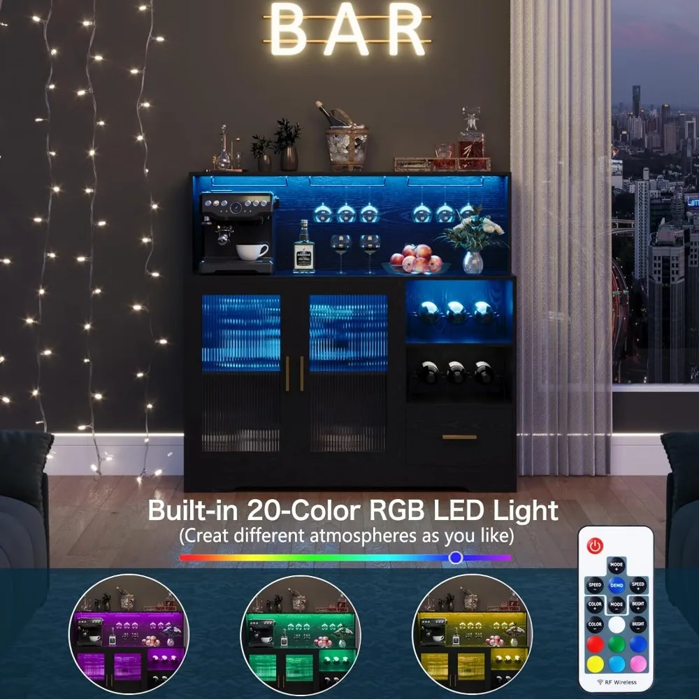 Wine Bar Cabinet with LED Light,with Wine and Glass Rack, Modern Kitchen Coffee Bar Cabinet with Storage, Buffet Sideboard