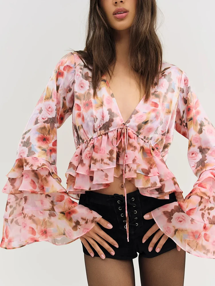 花柄シックなクロップドトップブラウスシャツ女性夏春シフォンフレアスリーブタイアップ V ネックセクシーなカジュアル職業レディースシャツ