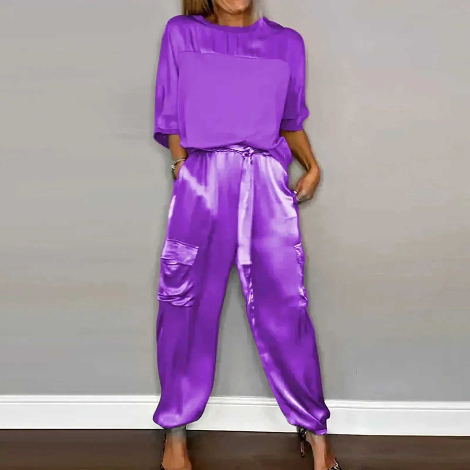 

Summer Fashion Solid Satin Two Piece Set Women Round Neck Long Sleeved Top Long Pants Casual Loose Soft Female Top Trousers