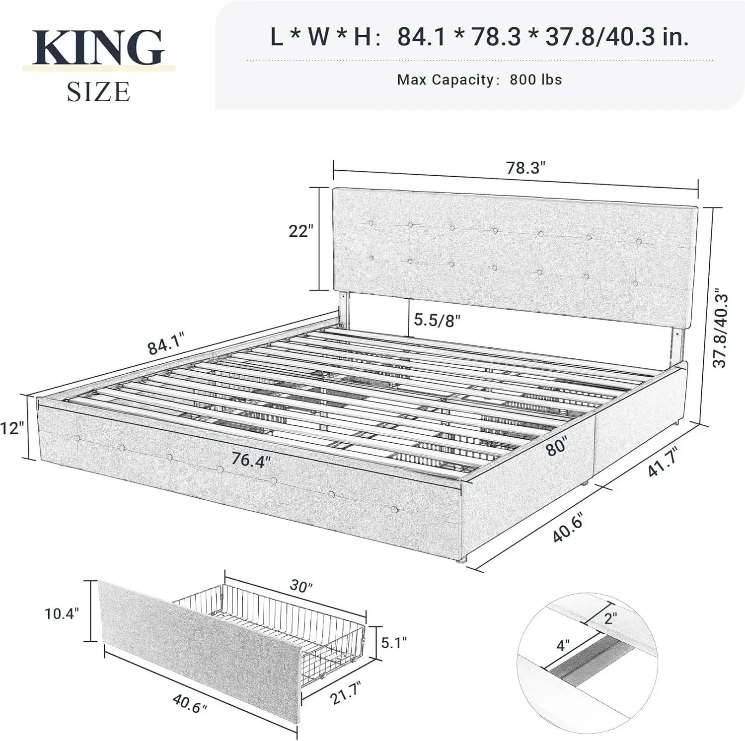 Upholstered King Size Platform Bed Frame with 4 Storage Drawers and Headboard, Square Stitched Button Tufted,Mattress Foundation